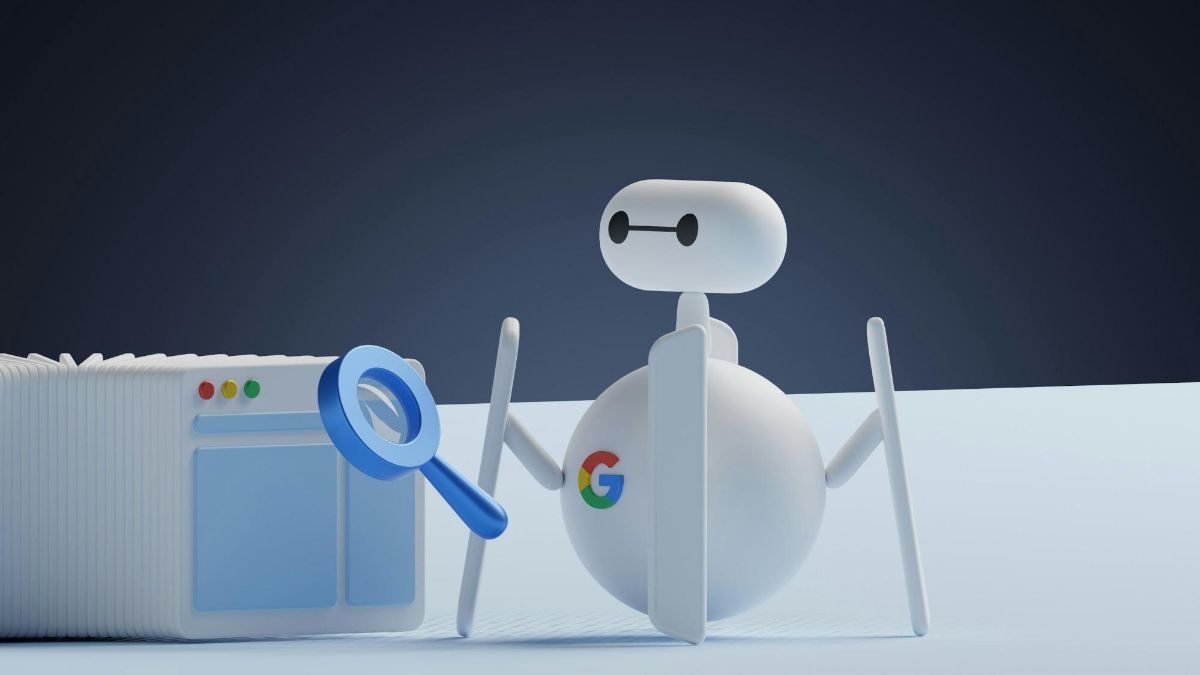 3D illustration of a white robot holding a magnifying glass beside browser windows