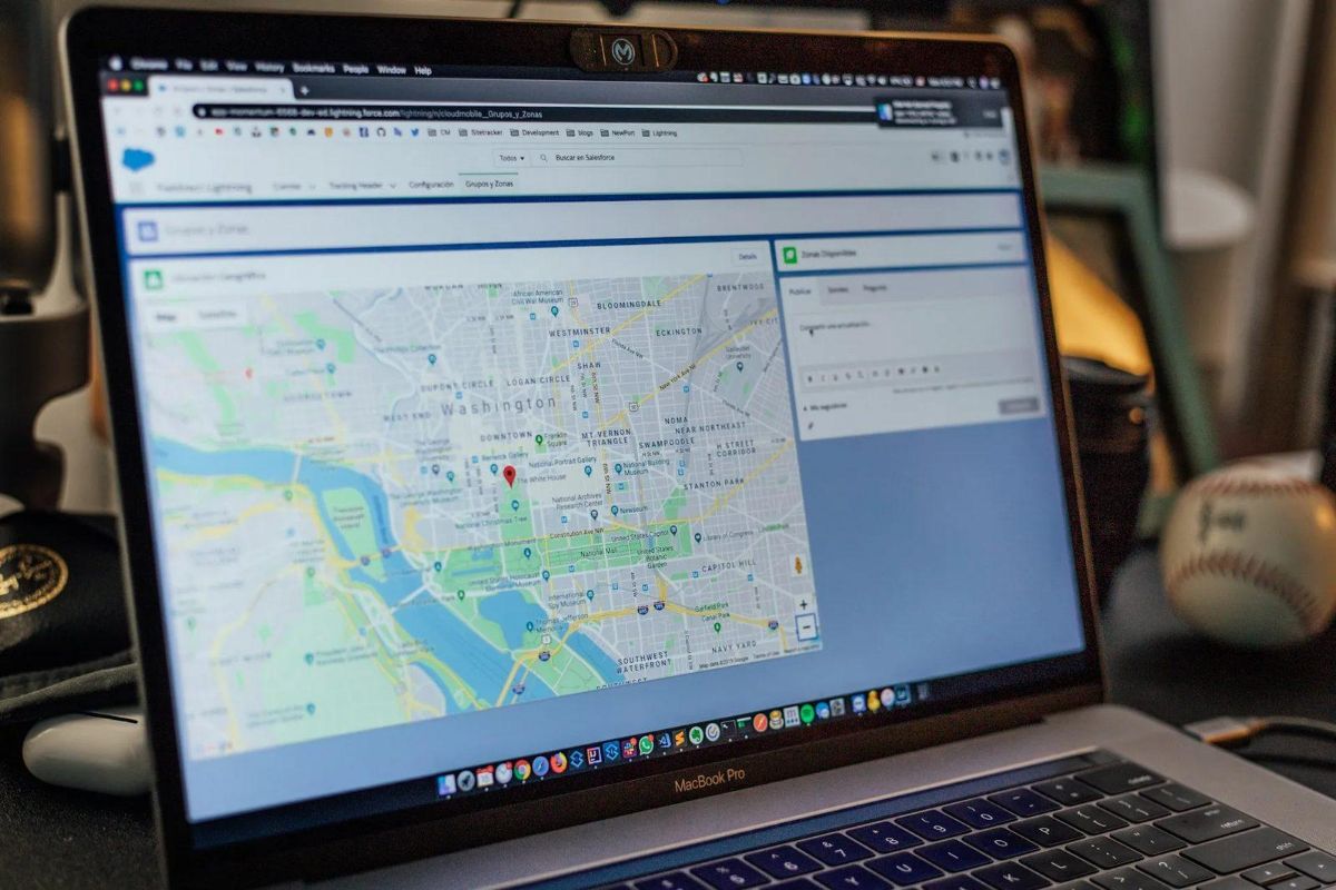 Laptop showing a map of Washington, D.C. inside a business software screen