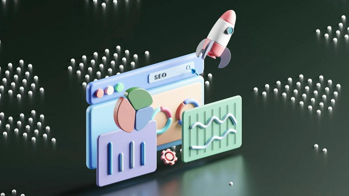 3D illustration of a browser window labeled SEO with charts and a rocket